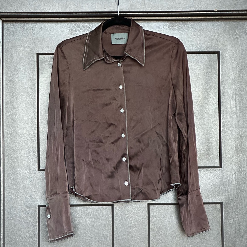 NANUSHKA | satin button down with contrast stitching and pearlized buttons